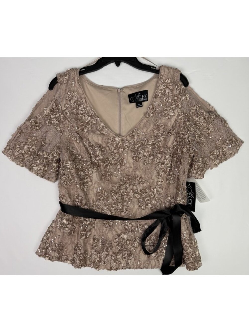 Alex Evenings Buff Beige Embroidered Lace Sequin Cold Shoulder Blouse – Size XL